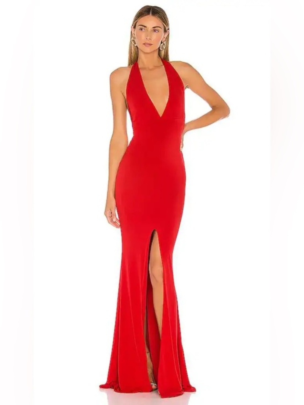 Nookie Illegal Red Plunge High Slit Full Length Jersey Gown Small